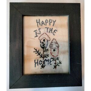 Happy Is The Home Embroidered Wall Art Black Wooden Frame Handcrafted